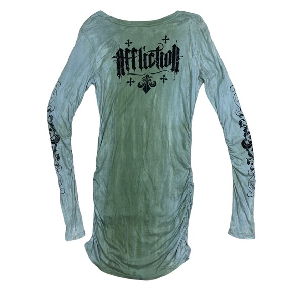 AFFLICTION LOS ANGELES Women Distressed Y2K T Shirt Dress​ Mini M Retro Green - Picture 1 of 12